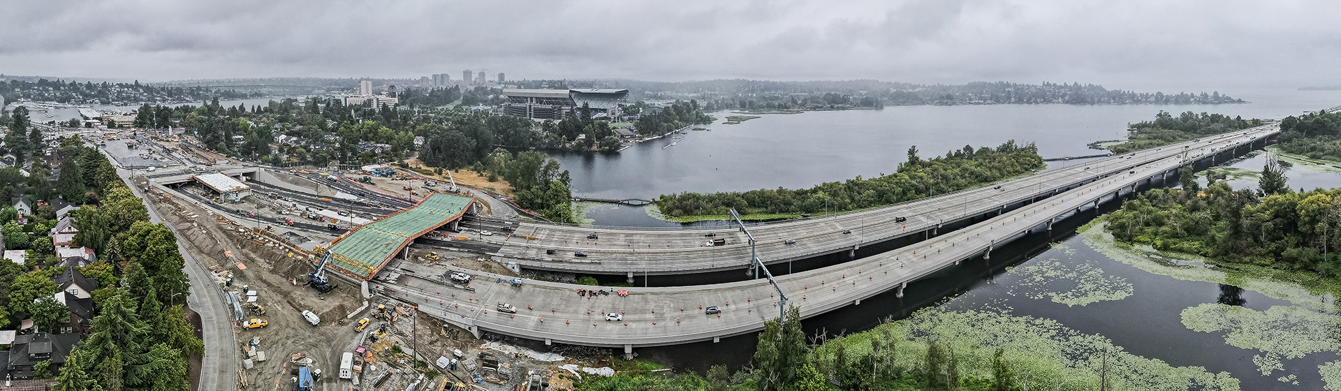 View of the montlake transportation project showing construction of the sr520 eastbound bridge.