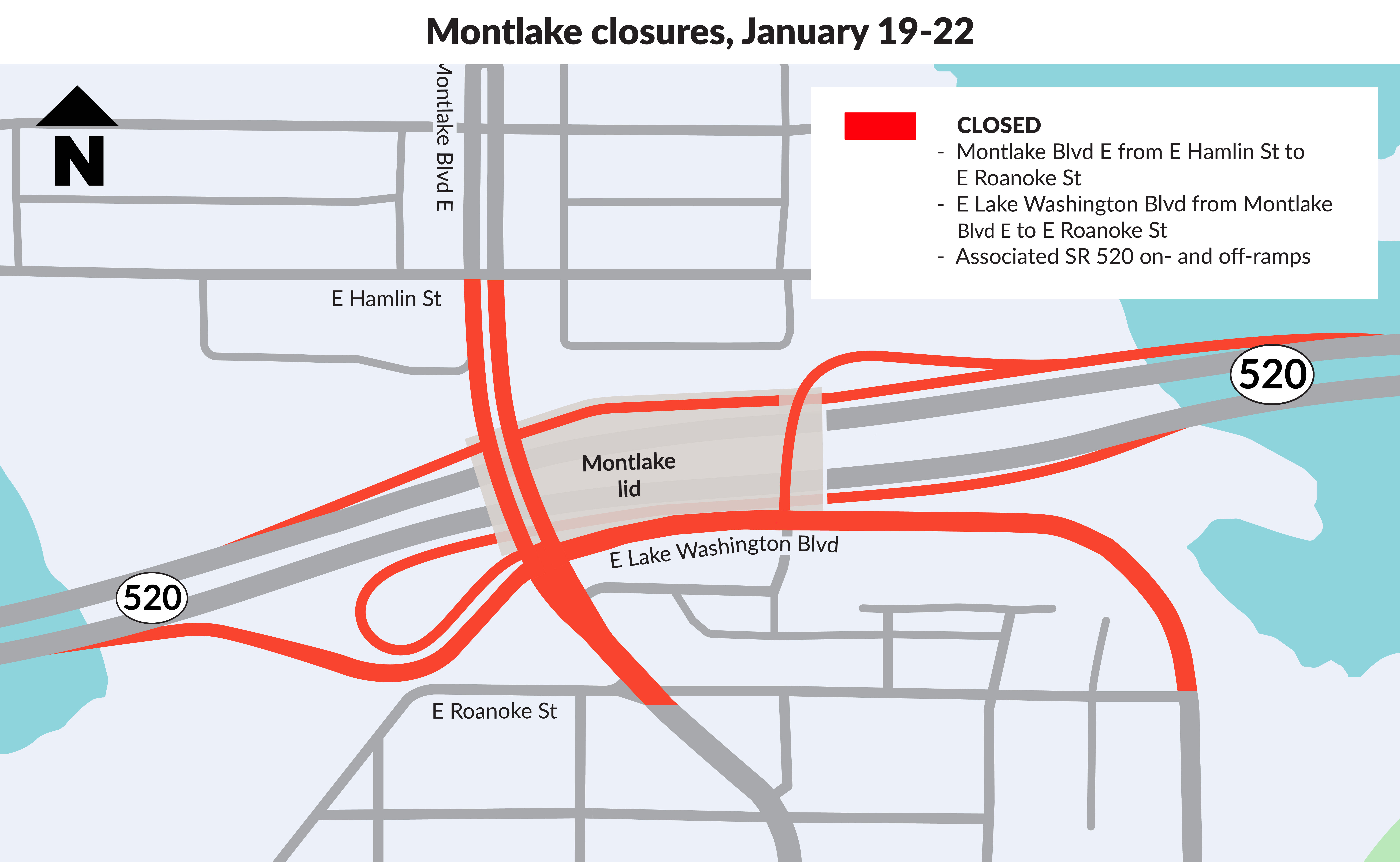 Photo showing closure of Montlake Boulevard and associated SR 520 on- and off-ramps.