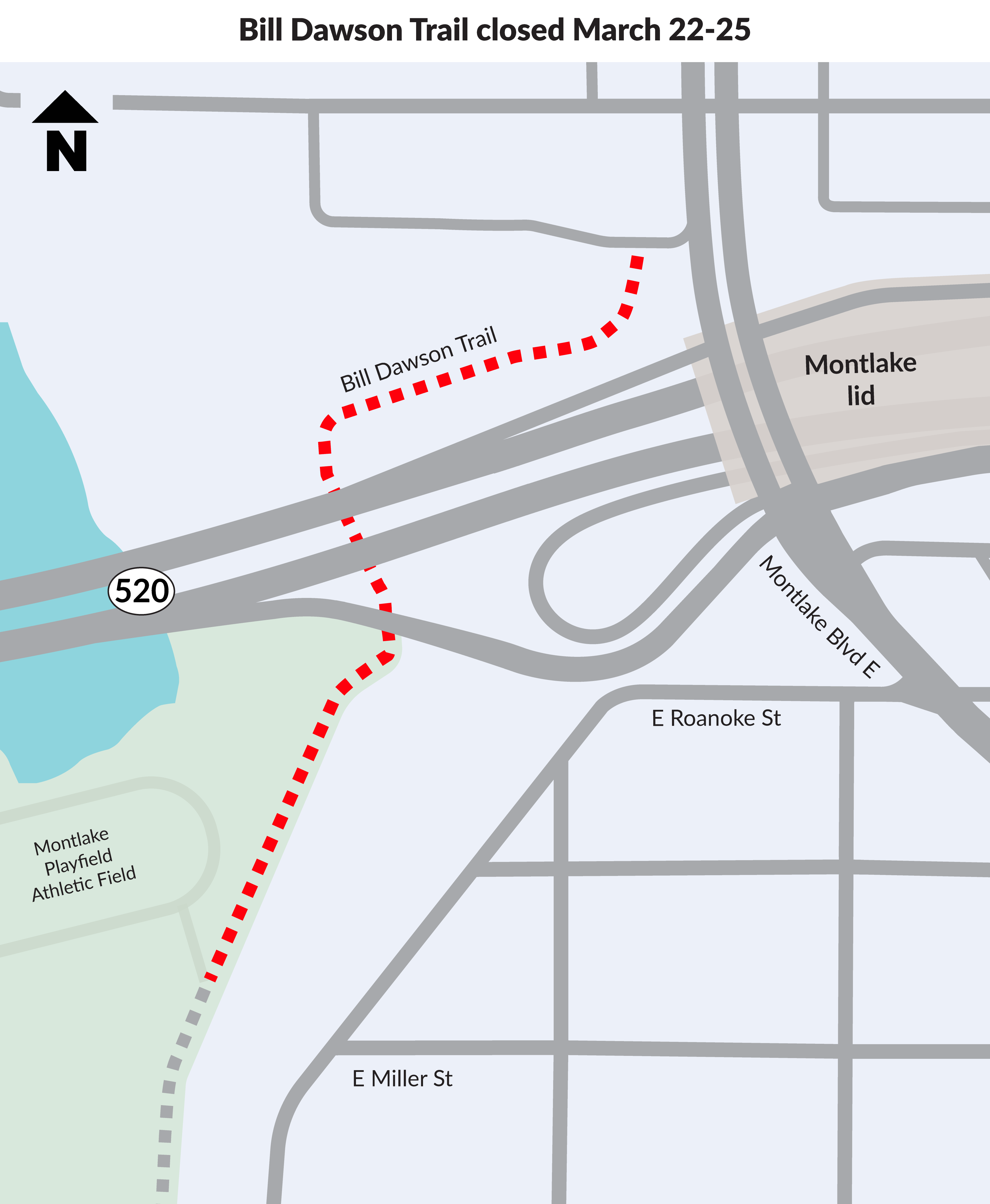 Map of Bill Dawson Trail Closure, from Montlake Blvd. to entrance of Montlake Playfield