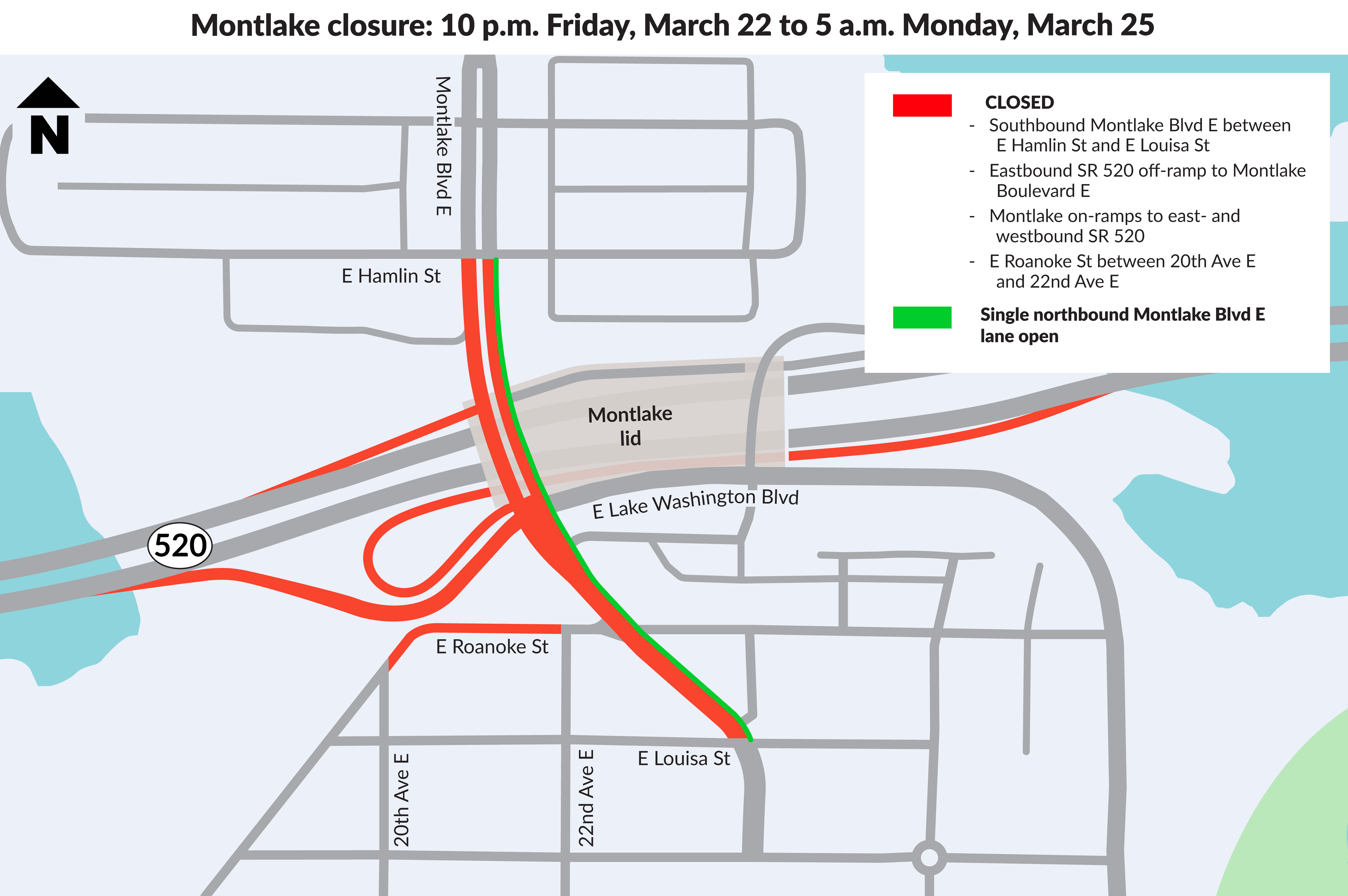 Map of Montlake Blvd and Roanoke Closures