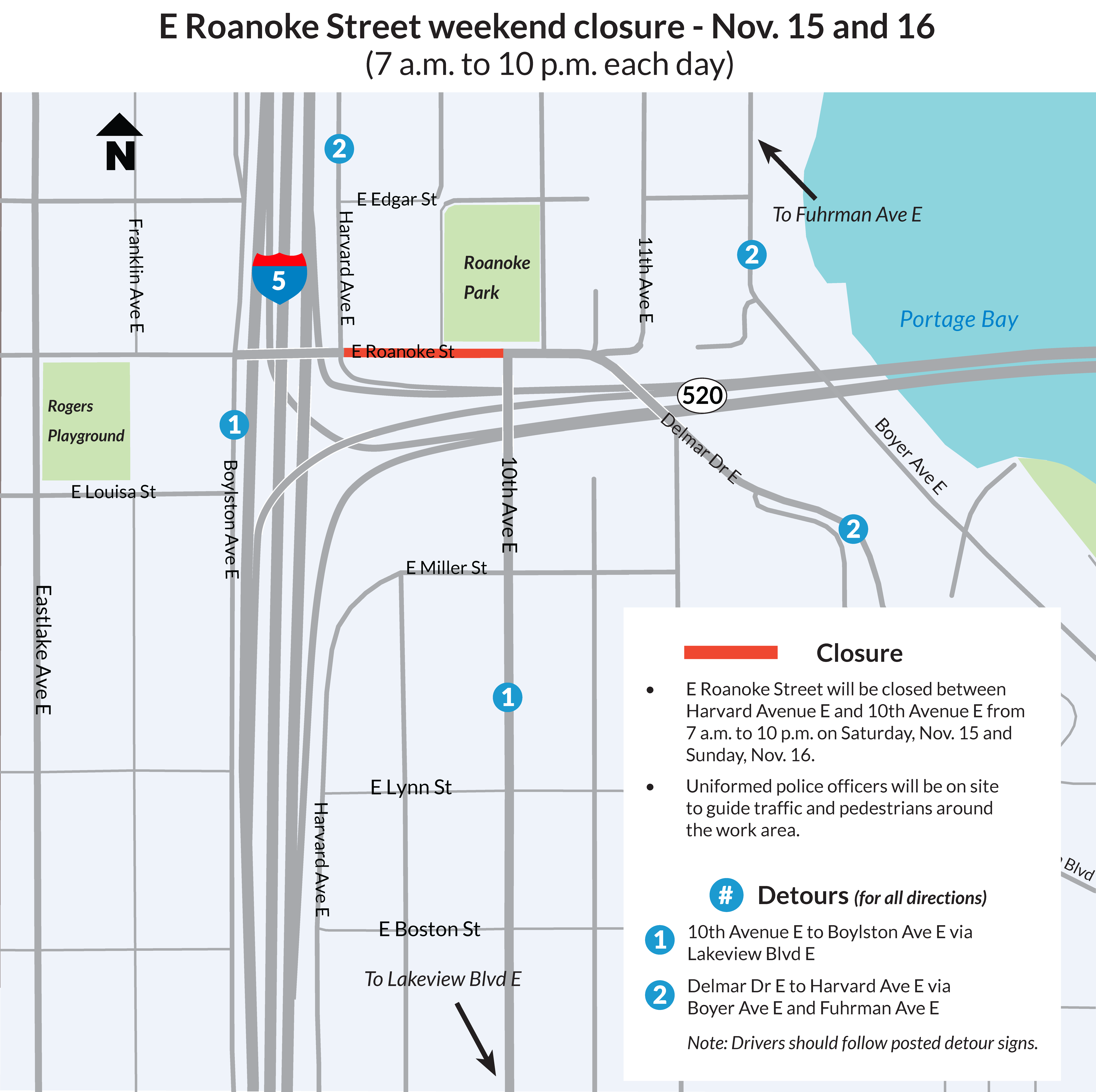 Map showing the closure limits and detour routes for Nov. 15 & 16 closure on E. Roanoke St.