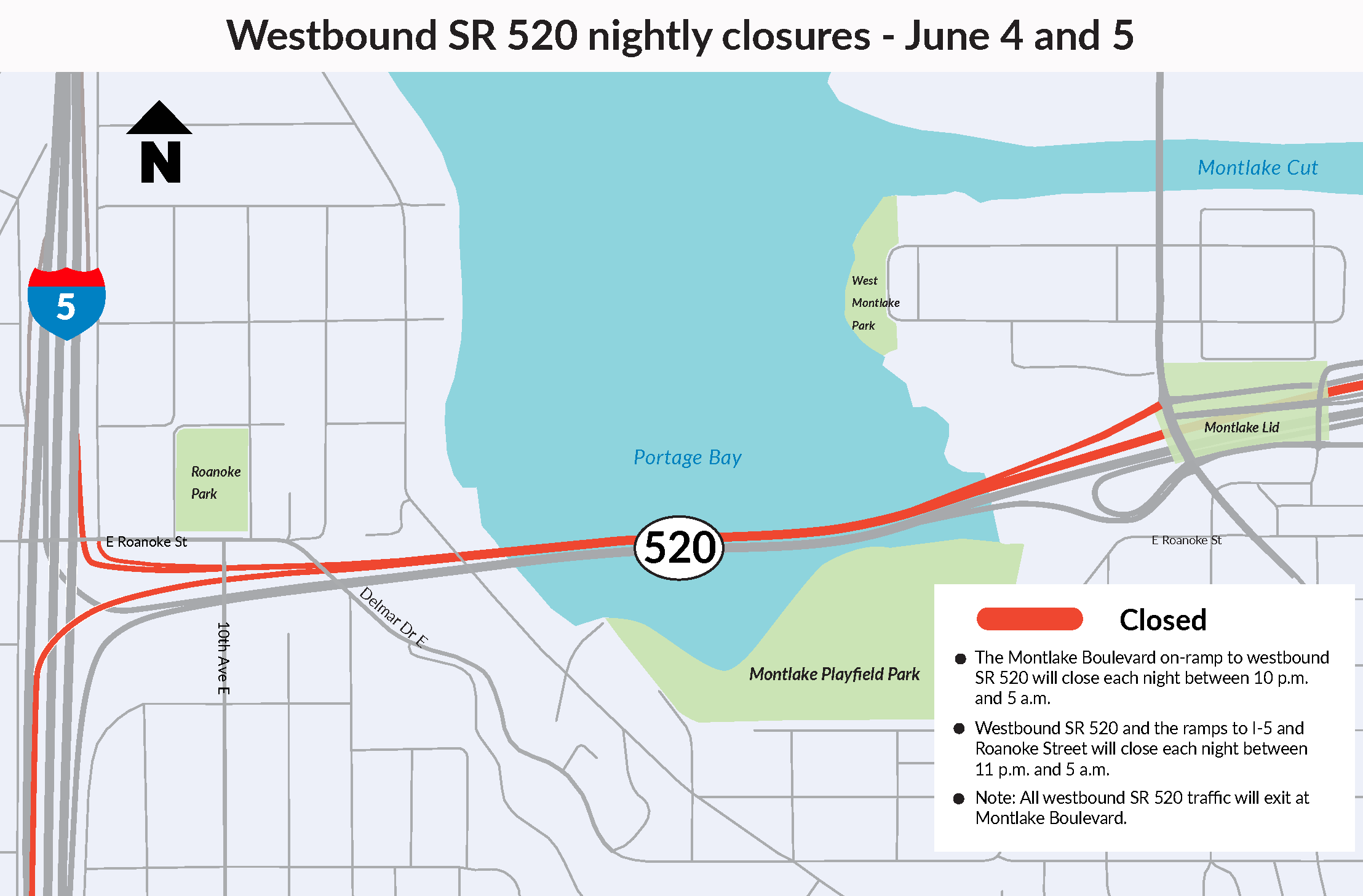 Map graphic of WB closure from Montlake to I-5