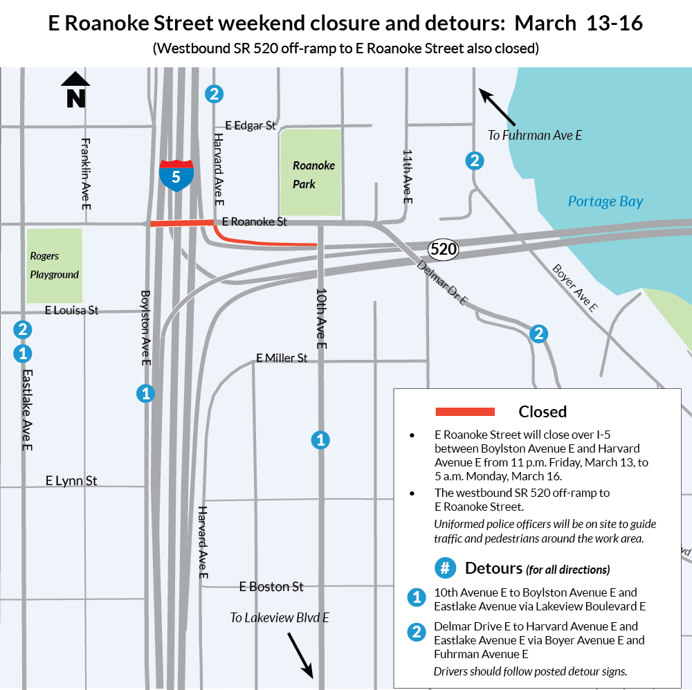 Map showing the closure limits and detour options for travelers during a March 13-16 weekend closure of East Roanoke Street