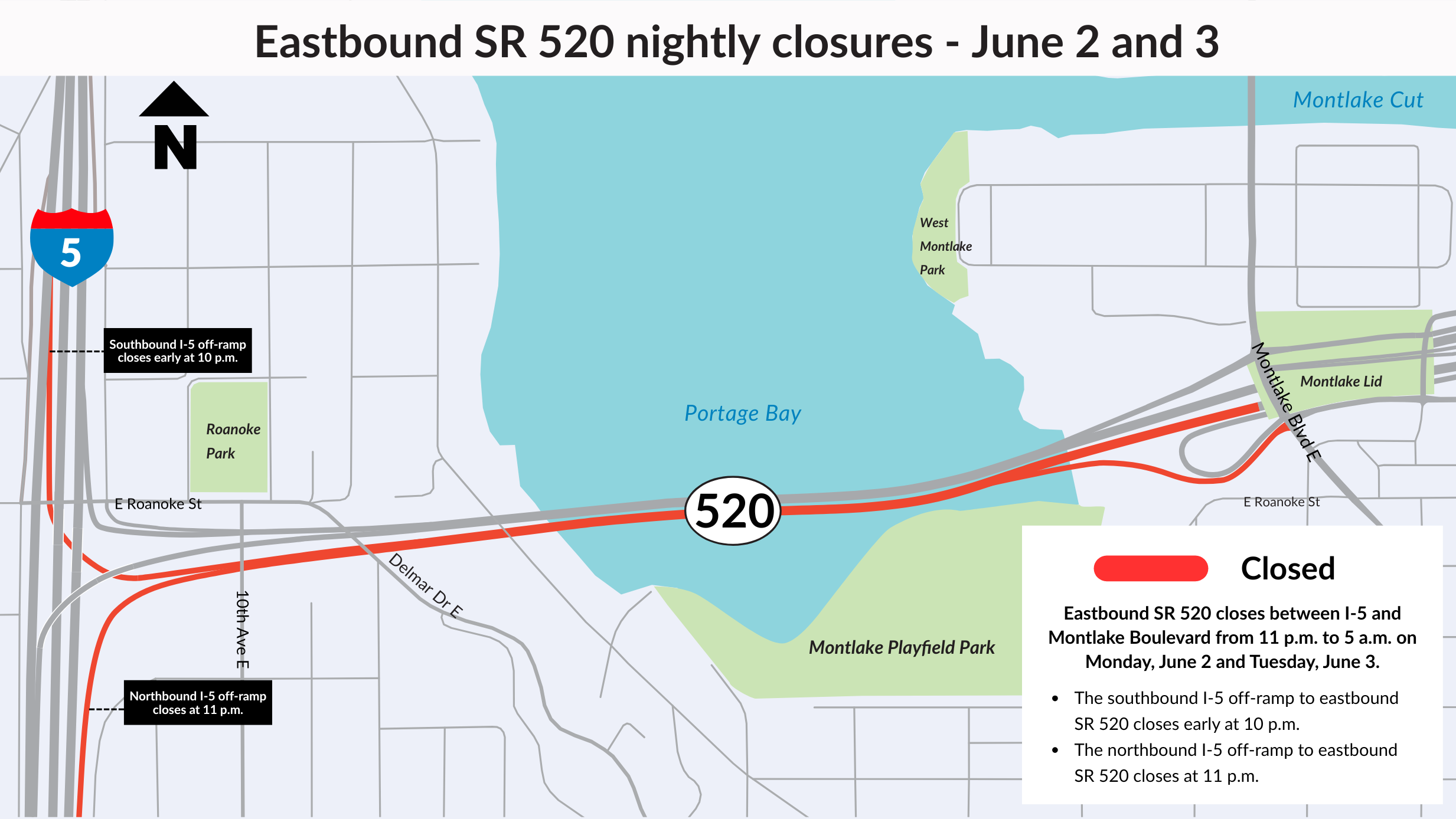 Map graphic of EB closure from I-5 to Montlake