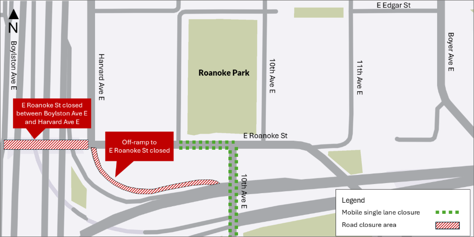 Map showing the closure limits for the Feb. 20 and 21 full closure of E. Roanoke St., the westbound SR 520 off-ramp to E. Roanoke St., and the single lane closures on E. Roanoke St. and 10th Ave. E.
