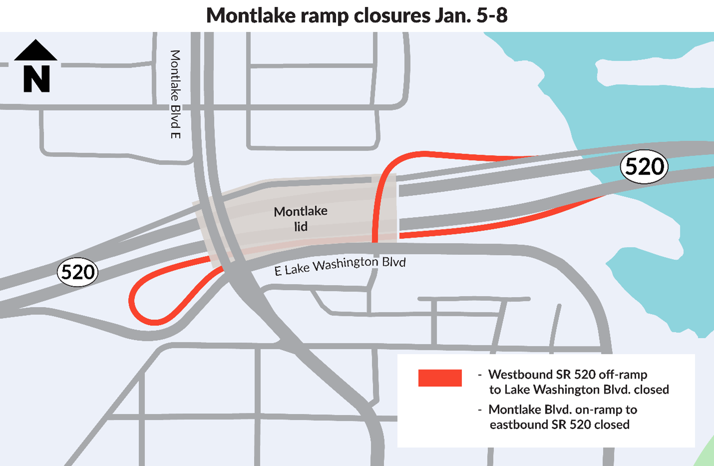 Montlake ramp closures - shown on map in red and text box and legend on bottom left. 