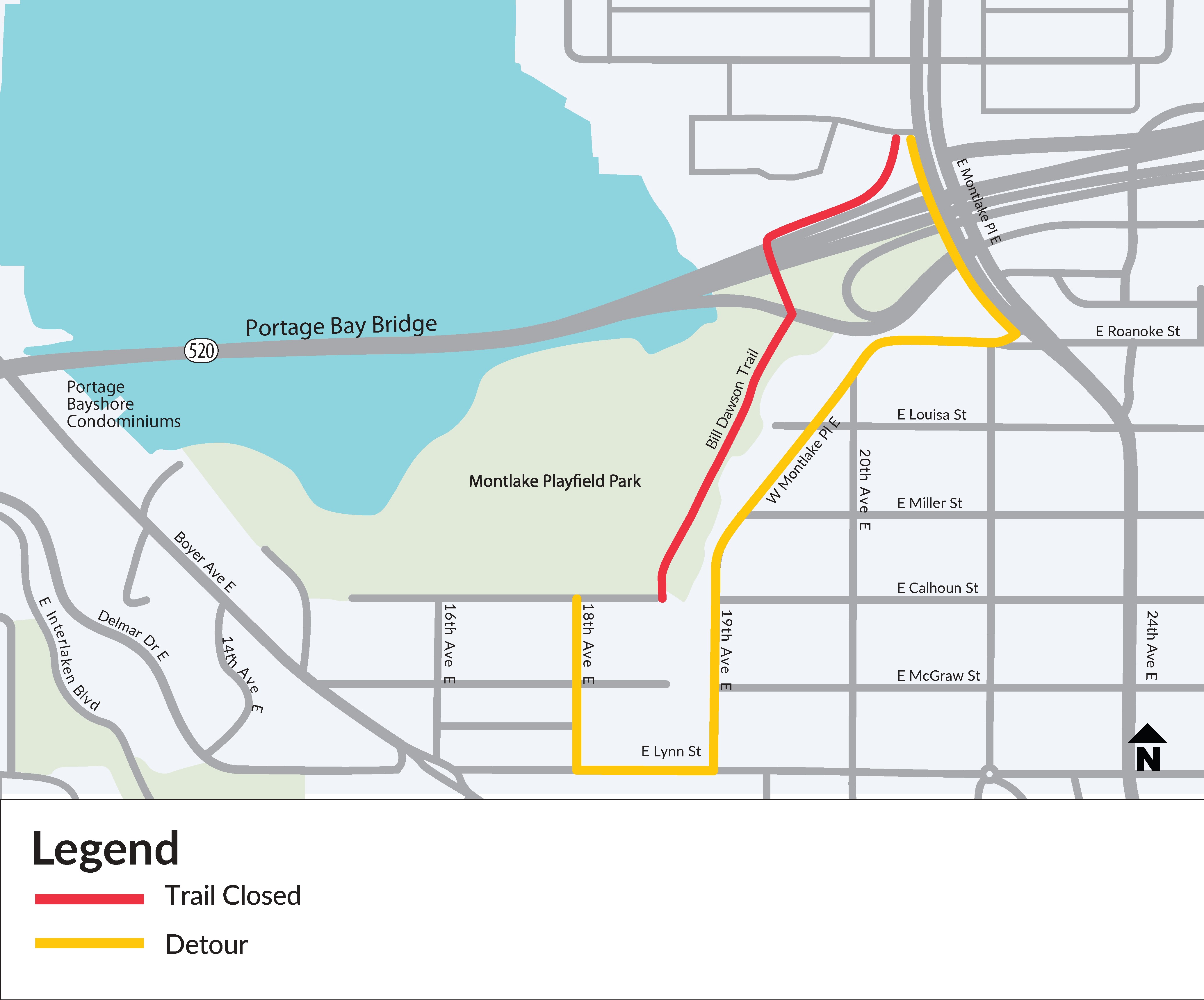 Bill Dawson Trail closed between Montlake Blvd. and E. Calhoun St. Signed detours will be in place. 