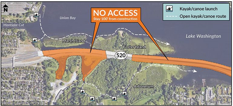 Kayak and canoe route during construction.